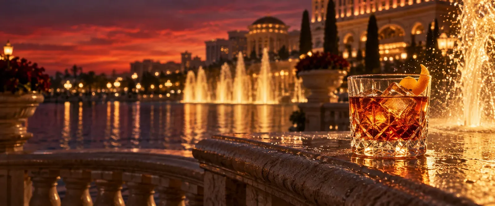 Crystal glass beside a golden dancing fountain at dusk, symbolising quick answers about Here2Win Casino