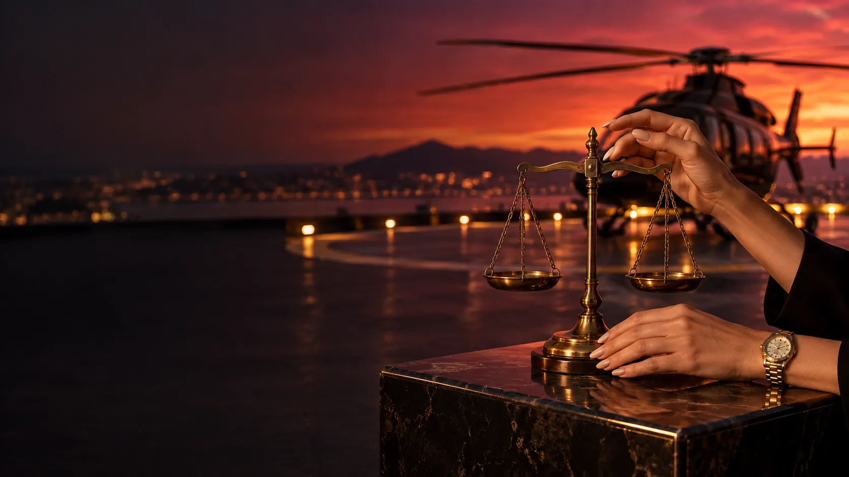 Hands balancing brass scales on a helipad at dusk
