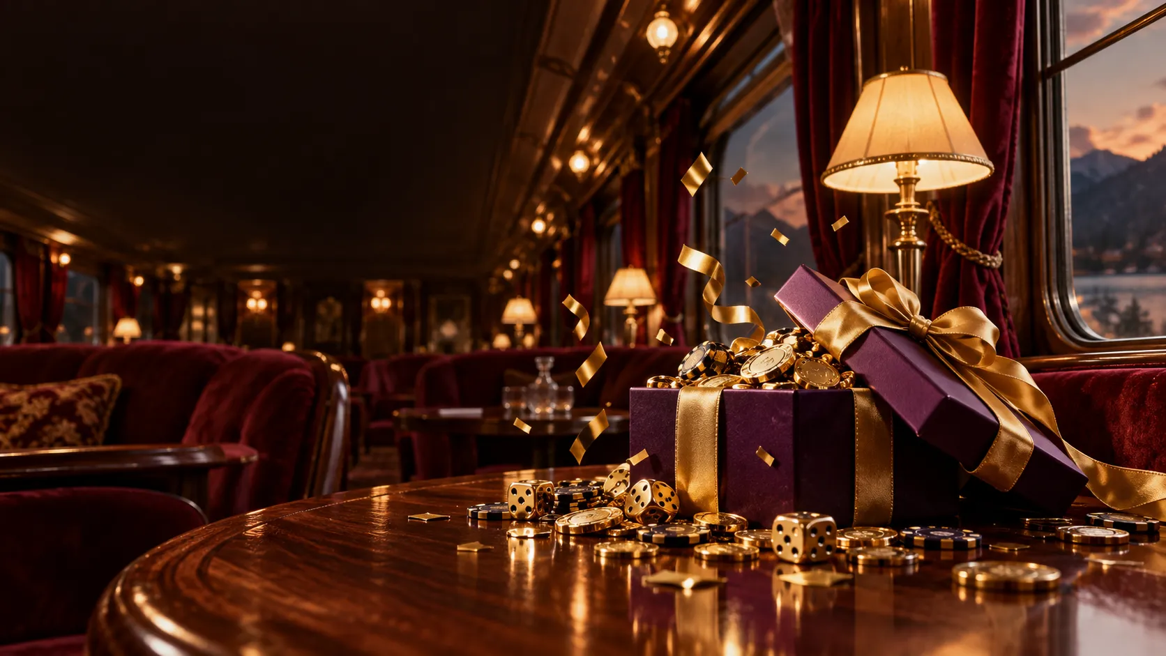 Gift box spilling gold confetti on a table inside a luxury train lounge car, symbolising the Here2Win Casino welcome bonus