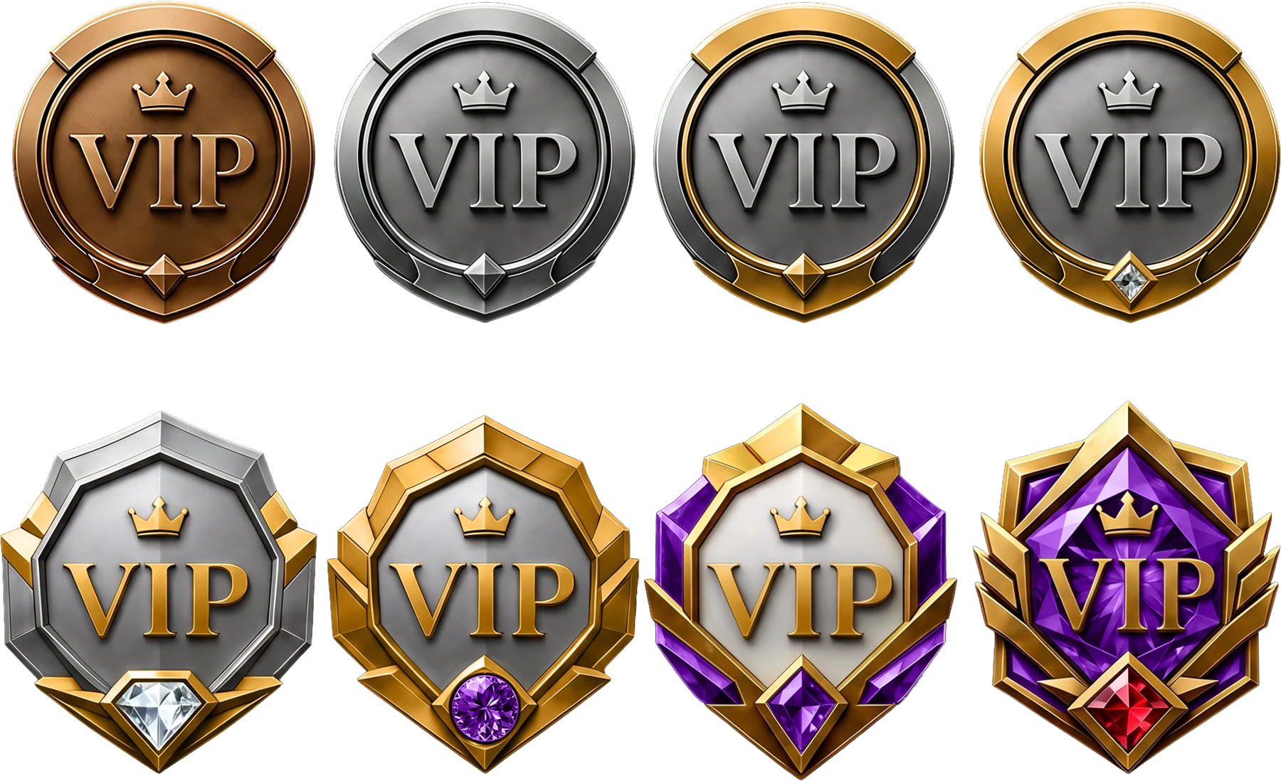 Row of bronze, silver and gold reward badges
